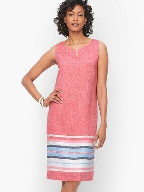 Talbots NWT Linen Sleeveless Split Neck Shift Dress Pink Seaside Stripe, 10